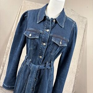 WASH LAB Denim Midi Dress Sea Blue Button Down Belted Fringe Hem WL1521D